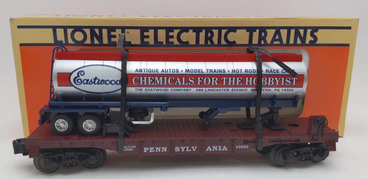 Lionel 6-52083 O Gauge Pennsylvania Flatcar w/ Eastwood Chemicals Tanker EX/Box