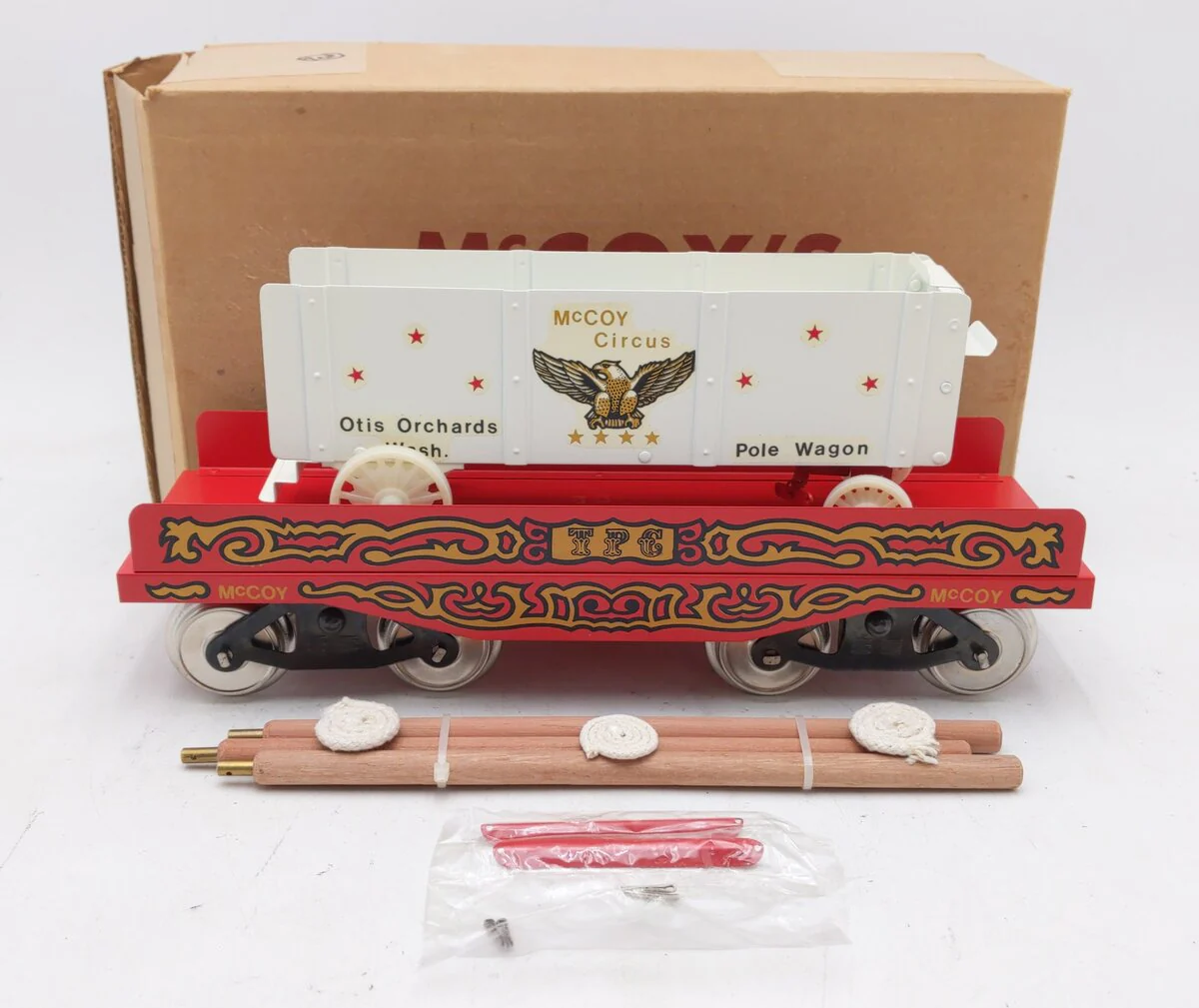 McCoy 256 Standard Gauge Flatcar with Pole Wagon NIB