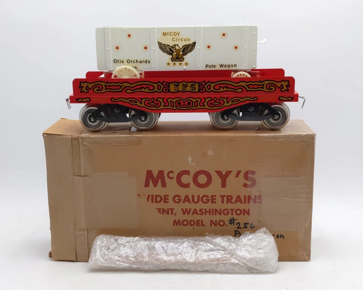 McCoy 256PW Standard Gauge Circus Flatcar w/ Tent Pole Wagon EX/Box