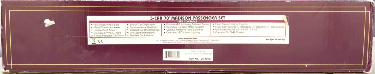 MTH 20-40037 New York Central 5-Car 70' Madison Passenger Set LN/Box - Image 6