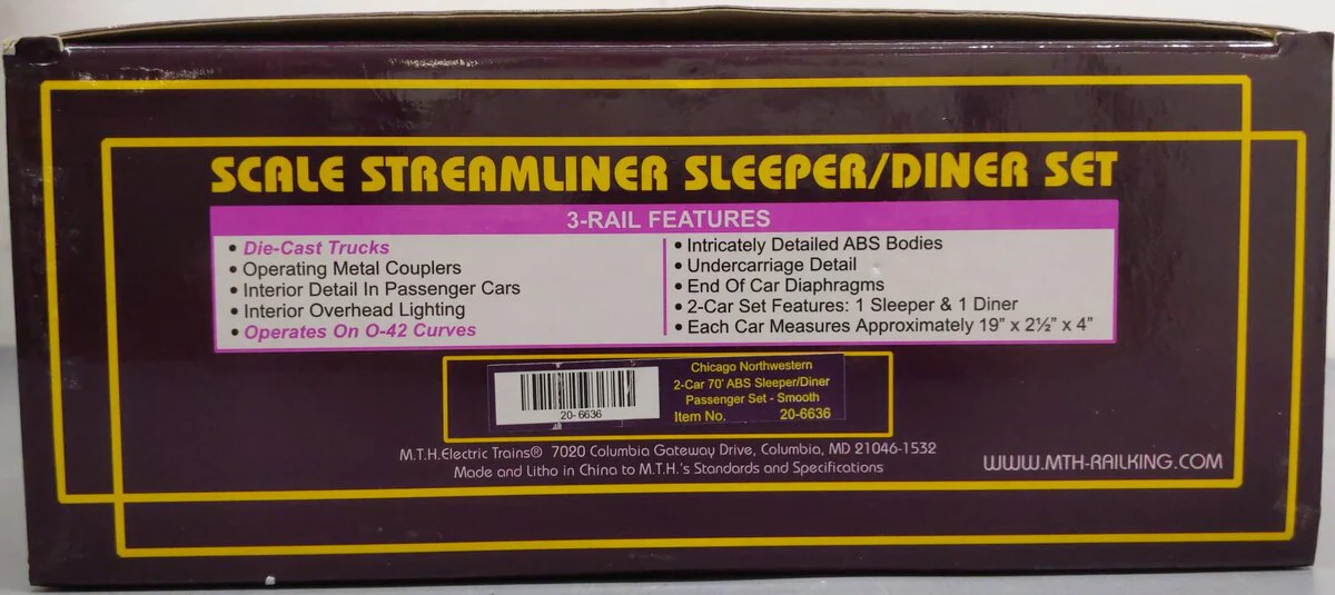 MTH 20-6636 O Gauge C&NW 70' Streamlined Sleeper/Diner Passenger Car Set LN/Box - Image 7