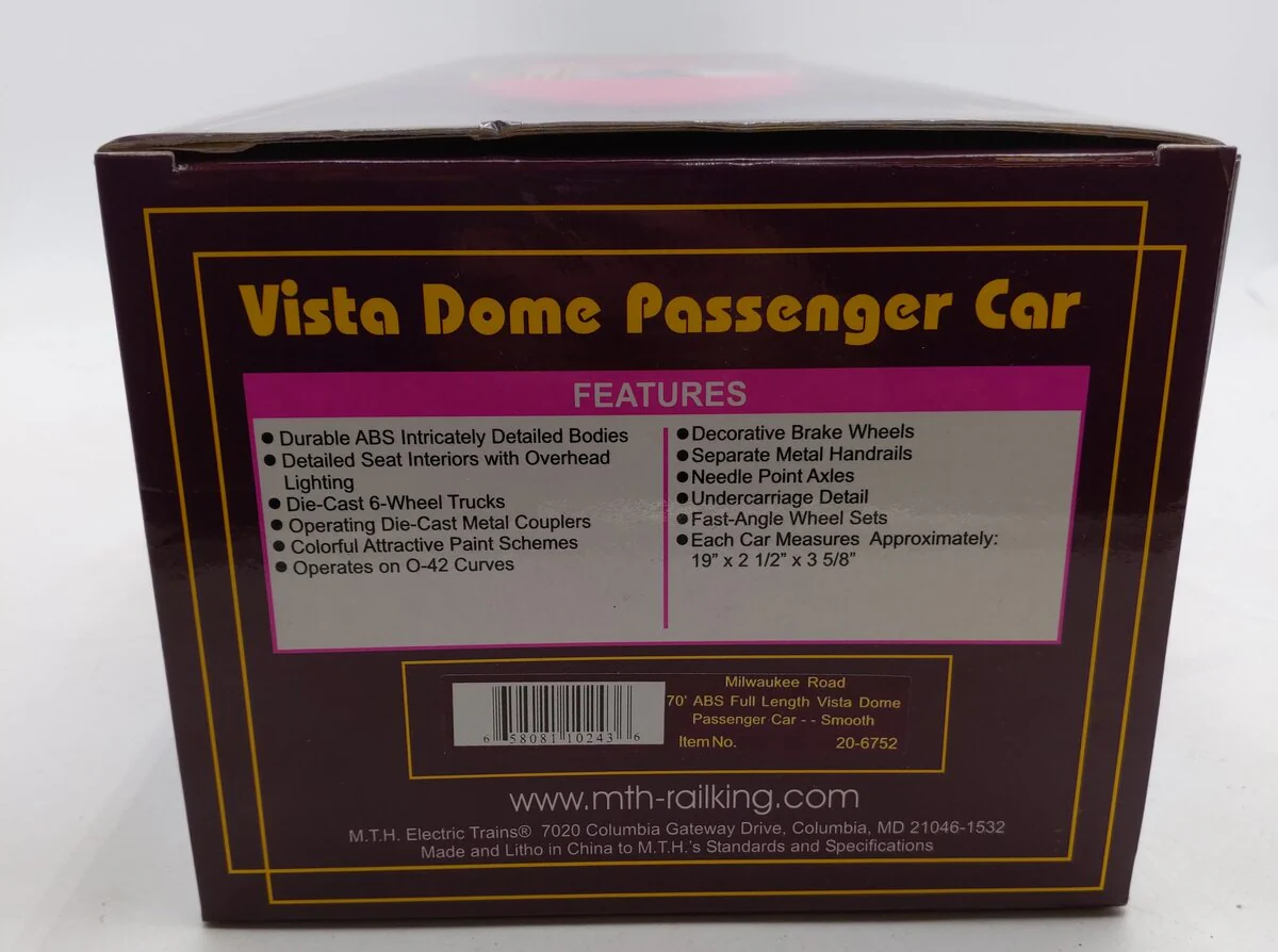 MTH 20-6752 O Gauge Milwaukee Road 70' Full Length Vista Dome Passenger Car #53/Box - Image 7