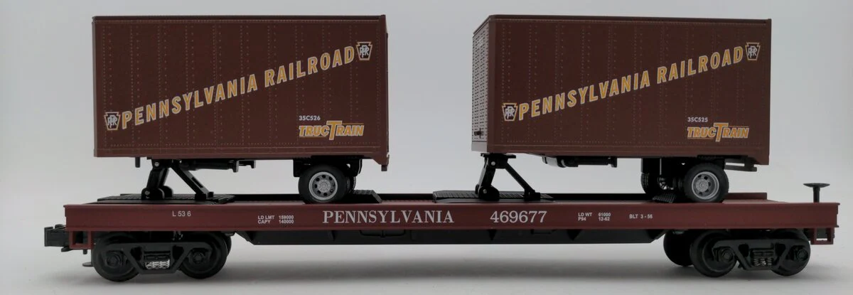 MTH 20-90003A O Gauge Pennsylvania Railroad Flatcar with 20' Trailers EX