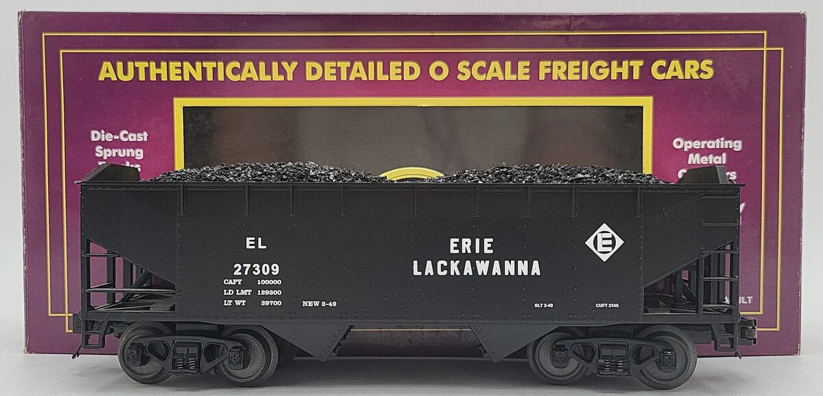 MTH 20-97545 O Gauge Erie Lackawanna 2-Bay Hopper w/Coal Load #27309 LN/Box