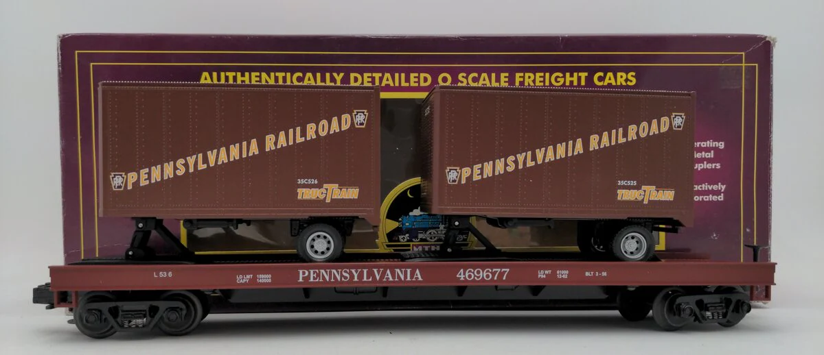 MTH 20-98104 O Gauge Pennsylvania Flatcar #469677 with Pennsylvania Trailers EX/Box