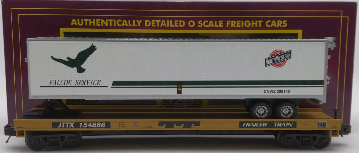 MTH 20-98632 Chicago NorthWestern Flat Car #154886 with 48’ Trailer EX/Box