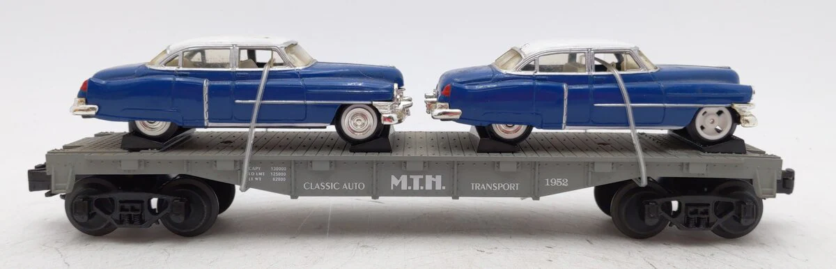 MTH 30-7607L O Gauge MTH Flatcar with Two Ertl '52 Cadillacs MT/Box - Image 2