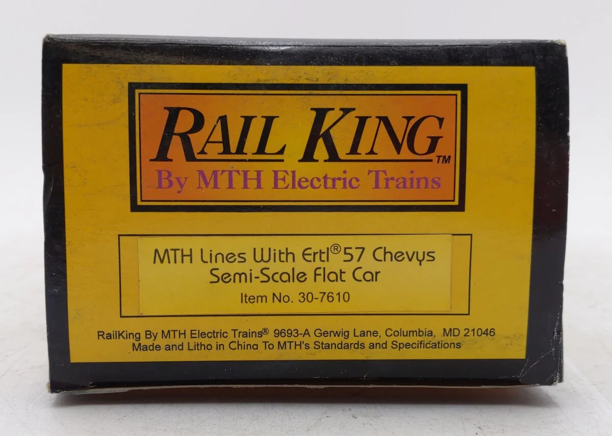 MTH 30-7610 O Gauge MTH Lines Flat Car with 2 Red Ertl '57 Chevys NIB - Image 4