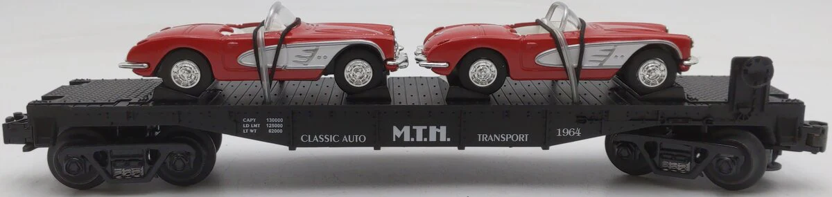 MTH 30-7624 O Gauge Auto Transport Flatcar with 2 Ertl '64 Corvettes #19640 NIB - Image 2