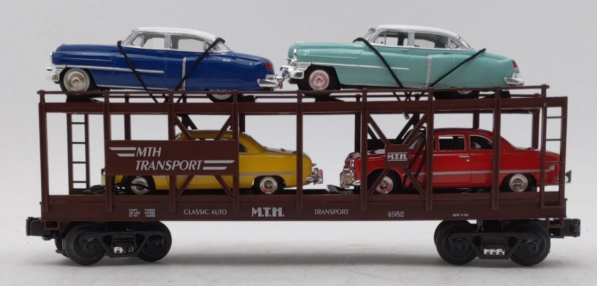 MTH 30-7628 O Gauge Auto Carrier Flatcar with 4 Ertl Cars #4952 EX/Box - Image 2