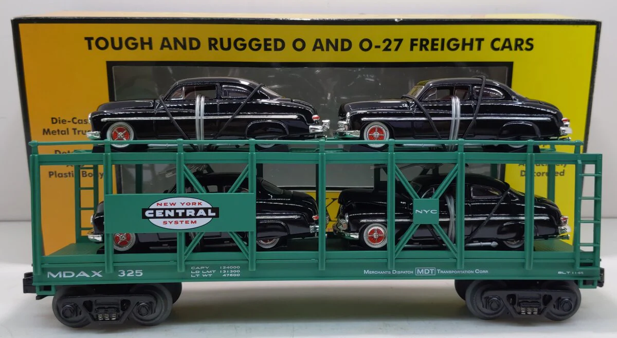 MTH 30-7682 O Gauge New York Central Auto Carrier #325 with 4 Ertl 1949 Mercurys NIB