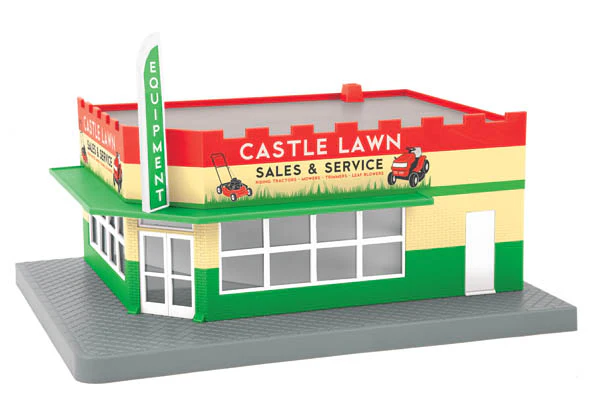 MTH 30-90393 Castle Lawn Mower Repair Single Story Corner Store VG/Box