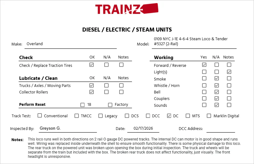 Overland 0109 O Brass NYC J-1E 4-6-4 Steam Loco & Tender #5327 (2-Rail)- Painted/Box - Image 10