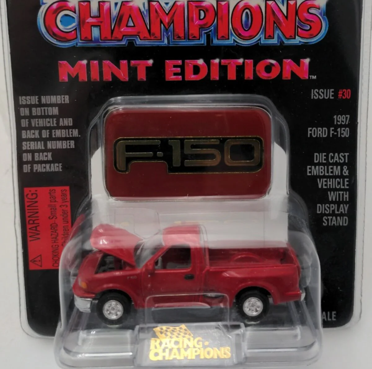 Racing Champions 30 1:63 Red 1997 Ford F150 Pick Up W/Die Cast Emblem & Display