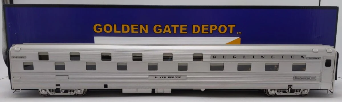 Golden Gate Depot O Aluminum CB&Q Budd Slumber "Silver Repose" Coach (2 Rail) EX/Box