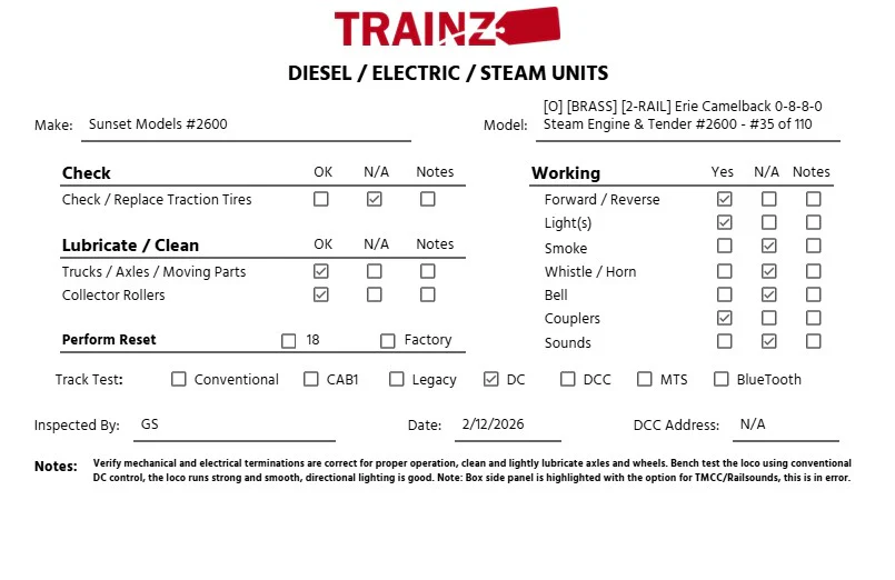 Sunset Models O 2-Rail BRASS Erie Camelback 0-8-8-0 Steam Engine & Tender #2600 EX/Box - Image 12