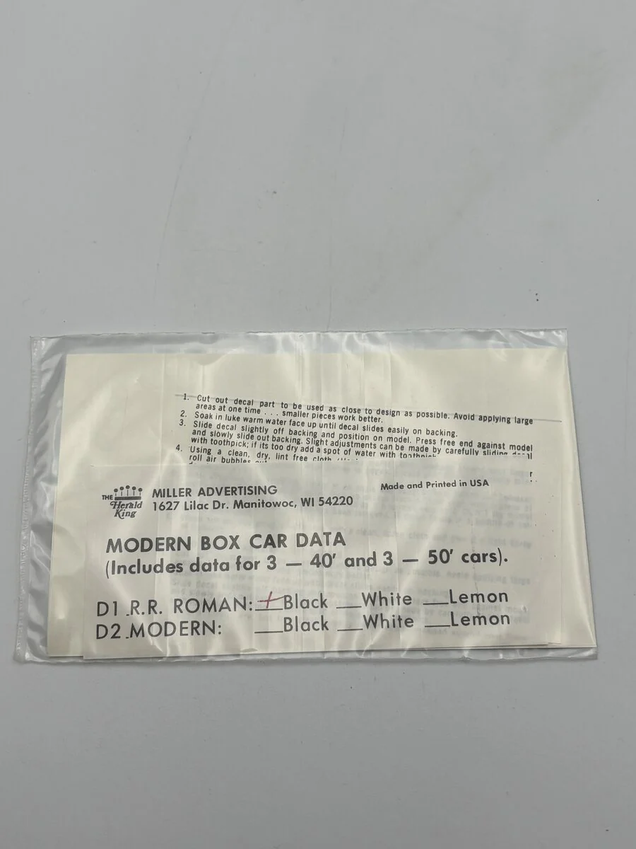 The Herald King D1 HO Modern Box Car Data R.R. Roman Black Lettering Decal - Image 2