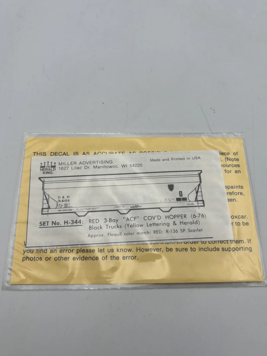The Herald King H-344 HO Red 3-Bay "ACF" Cov'd Hopper Yellow Lettering Decal