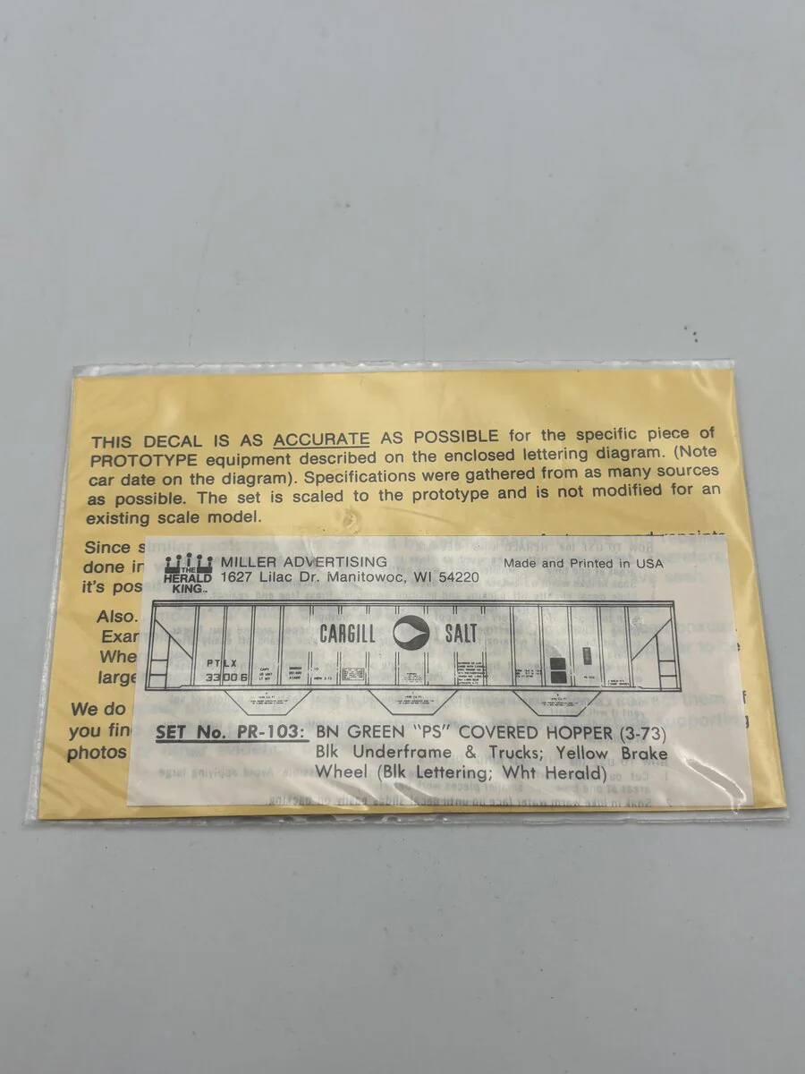 The Herald King PR-103 HO BN Green "PS" Covered Hopper Black & White Decal