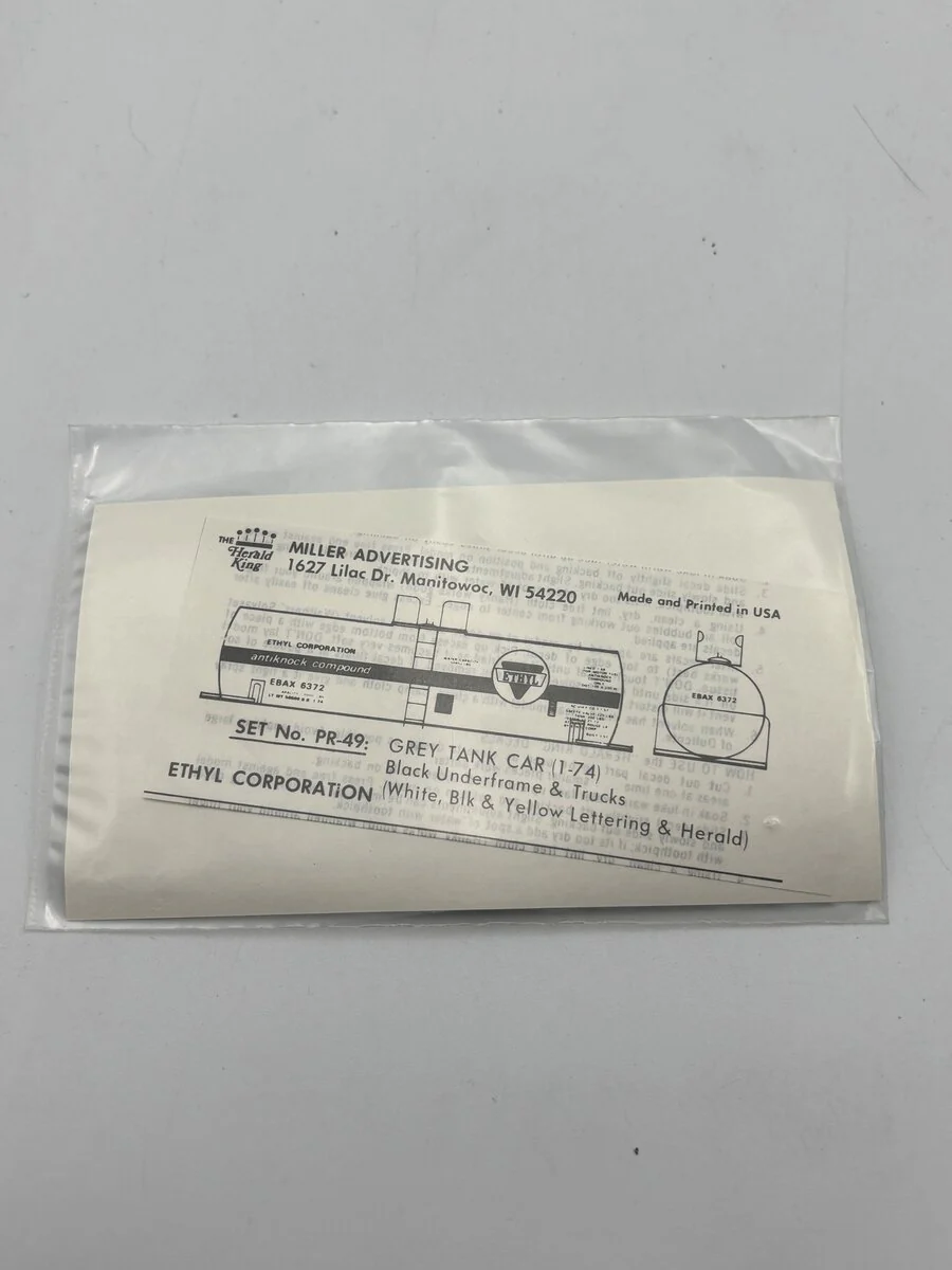 The Herald King PR-49 HO Grey Tank Car White, Black And Yellow Lettering Decal
