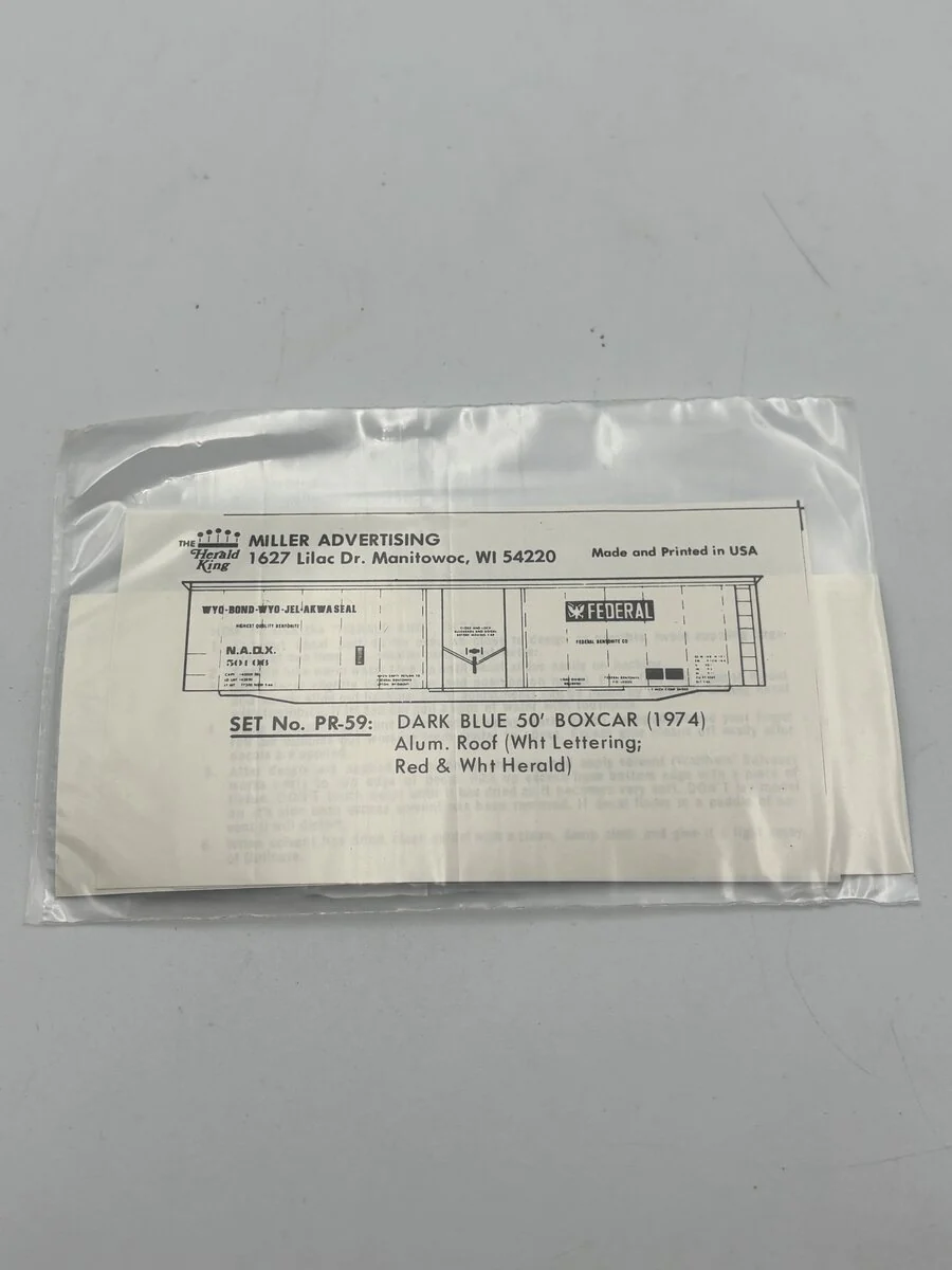 The Herald King PR-59 HO Dark Blue 50' Boxcar White Lettering Decal