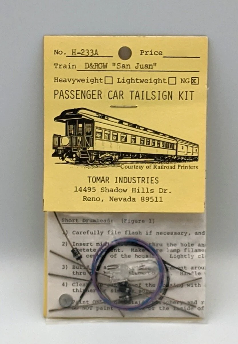 Tomar Industries H-223A D&RGW San Juan Passenger Car Tailsign Kit
